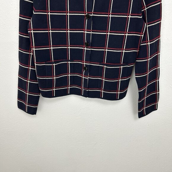 Ann Taylor Cardigan Sweater Windowpane Check Red Blue Button Down Career Size MP - Picture 3 of 10